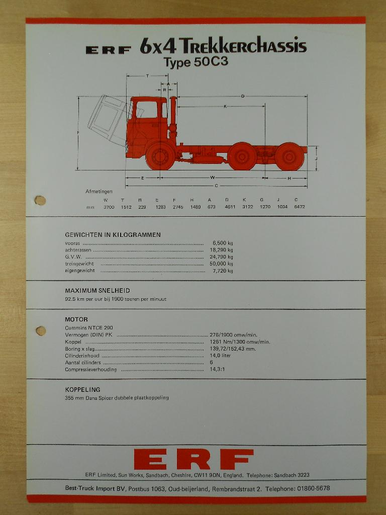 ERF 50 C3 6x4 Technische Specificatie Brochure 1978, Ophalen of Verzenden, Zo goed als nieuw, Overige merken, ERF