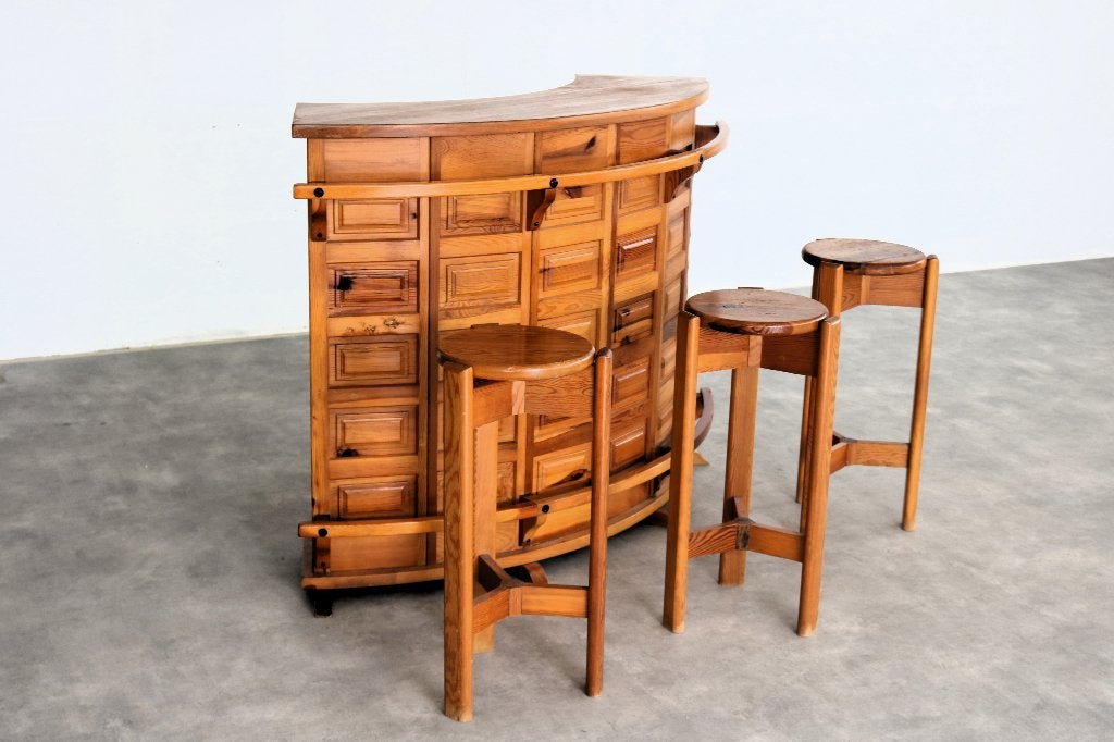 brutalist bar | barkrukken | jaren 70 | pine, Gebruikt, ., Inclusief barstoelen, Ophalen of Verzenden