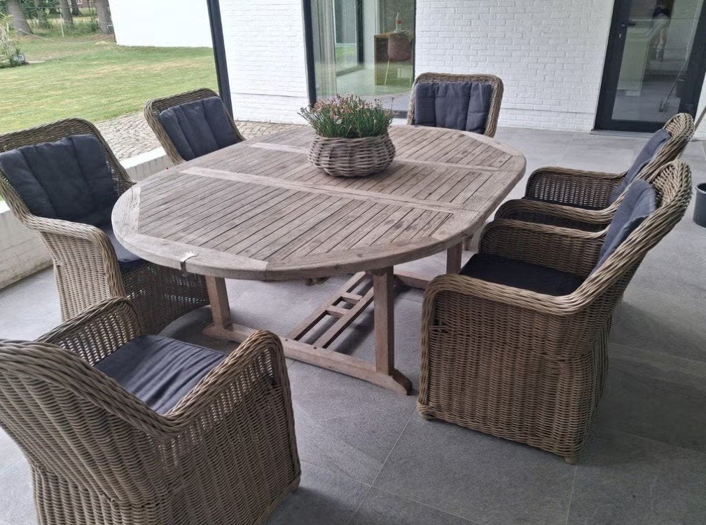 Grote Teakhouten Tuintafel - Ovaal/Rond 150-200 cm, Ophalen, Gebruikt, Ovaal, Teakhout