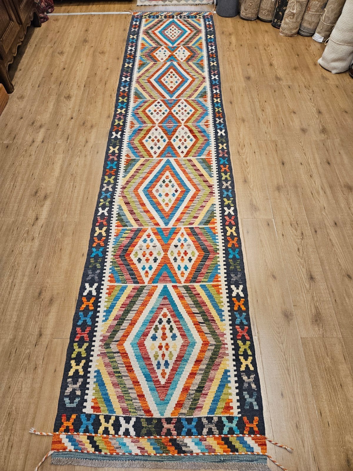 Prachtige handgeweven oosterse kelim 395x86