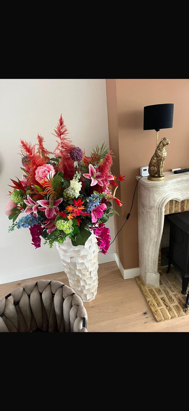 Zijde bloemen kunst boeket bloesem zonder schelpen vaas, Ophalen, Zo goed als nieuw