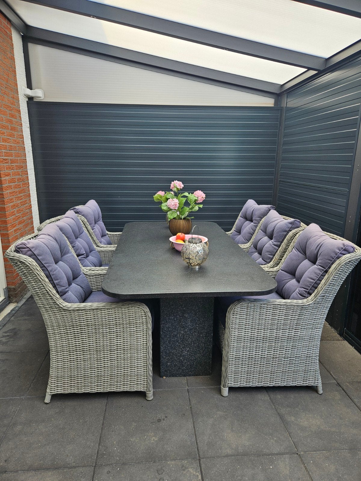 Luxe Granieten Tuintafel met 6 Wicker Stoelen en Kussens, Tuin en Terras, Ophalen, 6 zitplaatsen, Wicker, Tuinset