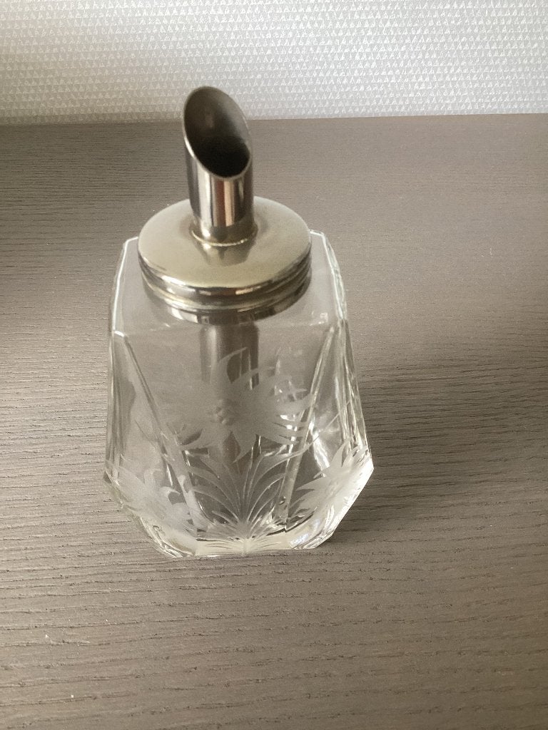 Vintage glazen suikerdispenser, hand gegraveerd Edelweiss, Ophalen of Verzenden