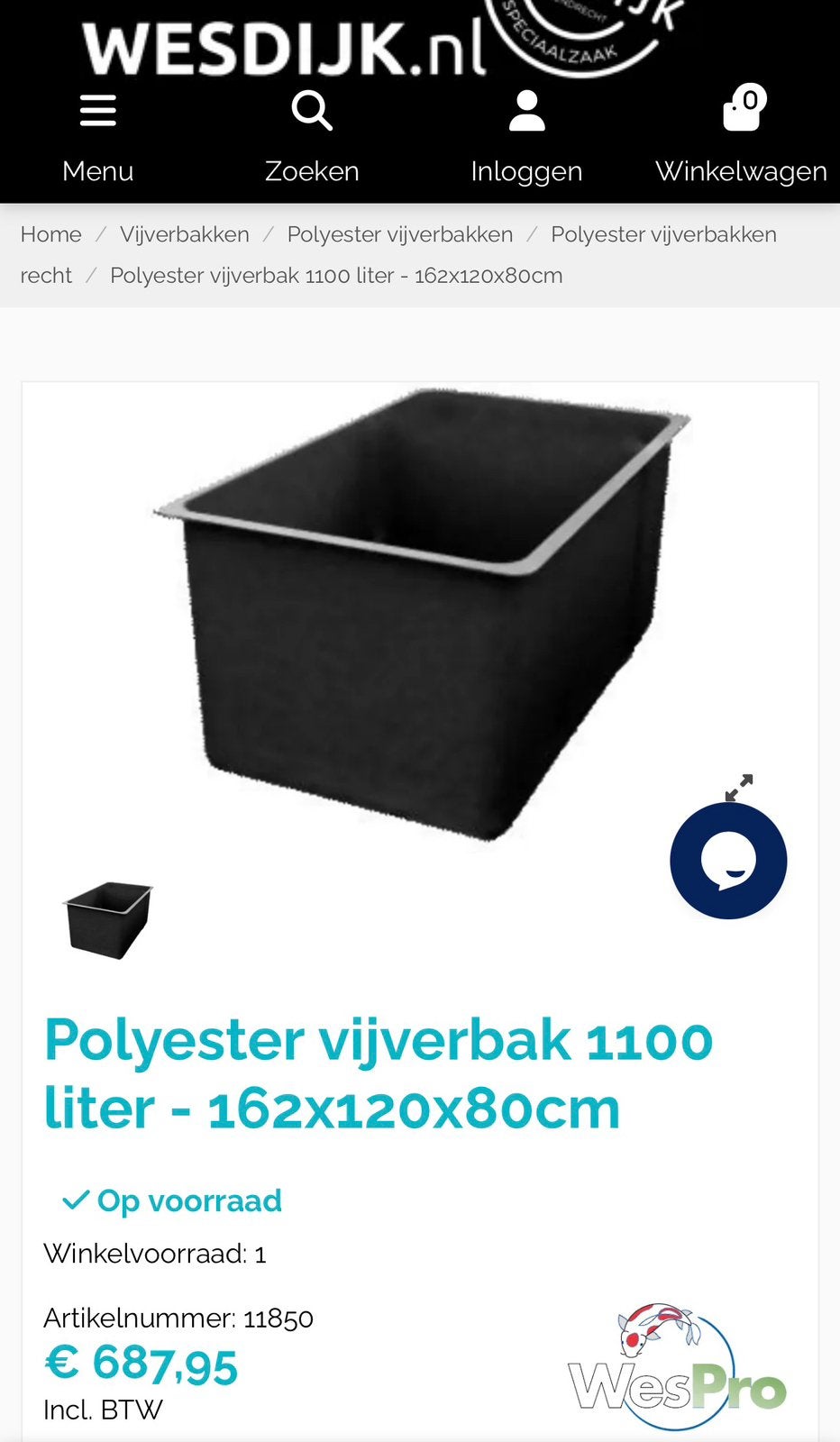 Polyester Vijverbak 1100 liter 120 x 160 80 cm diep, Ophalen, Zo goed als nieuw, Vijverfilter