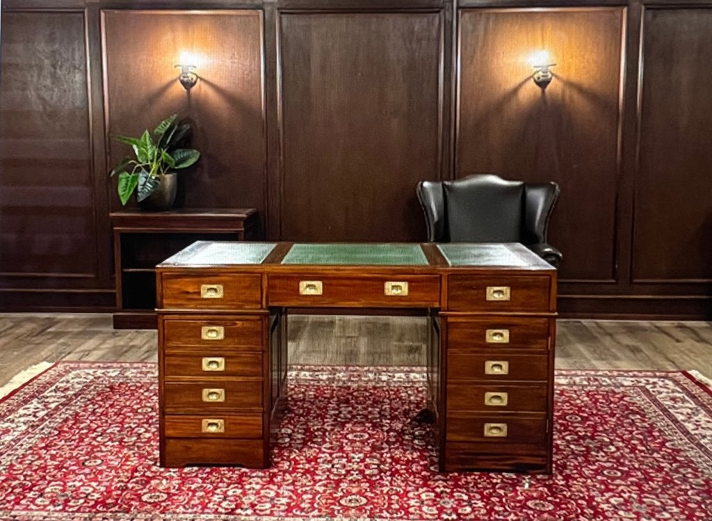 Klassiek Engels Bureau Mahonie met Inegelegd Leer, Ophalen
