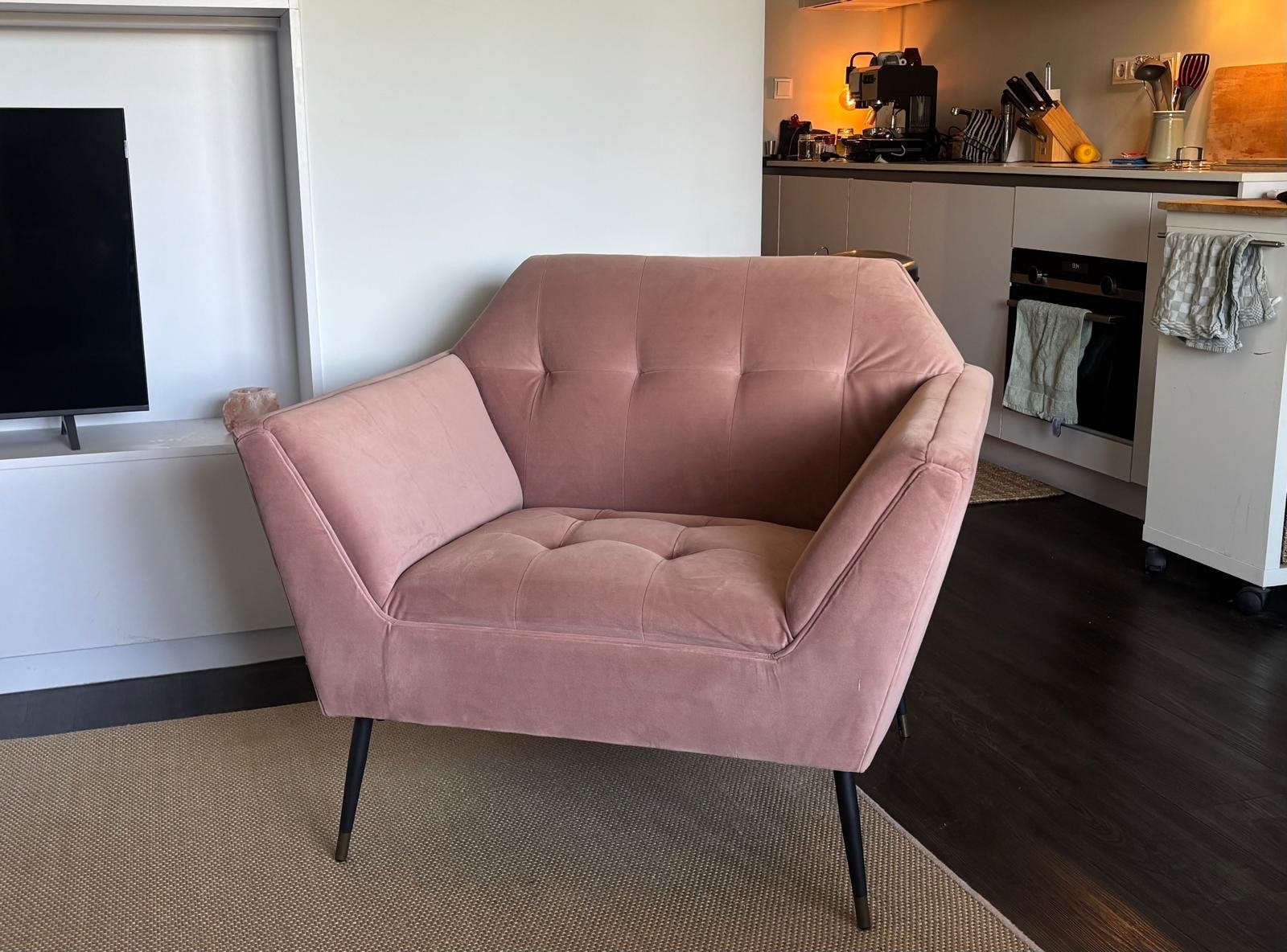 FONQ Roze fluwelen fauteuil - Zo goed als nieuw, Huis en Inrichting, Fauteuils, Ophalen, Zo goed als nieuw, Stof, 75 tot 100 cm