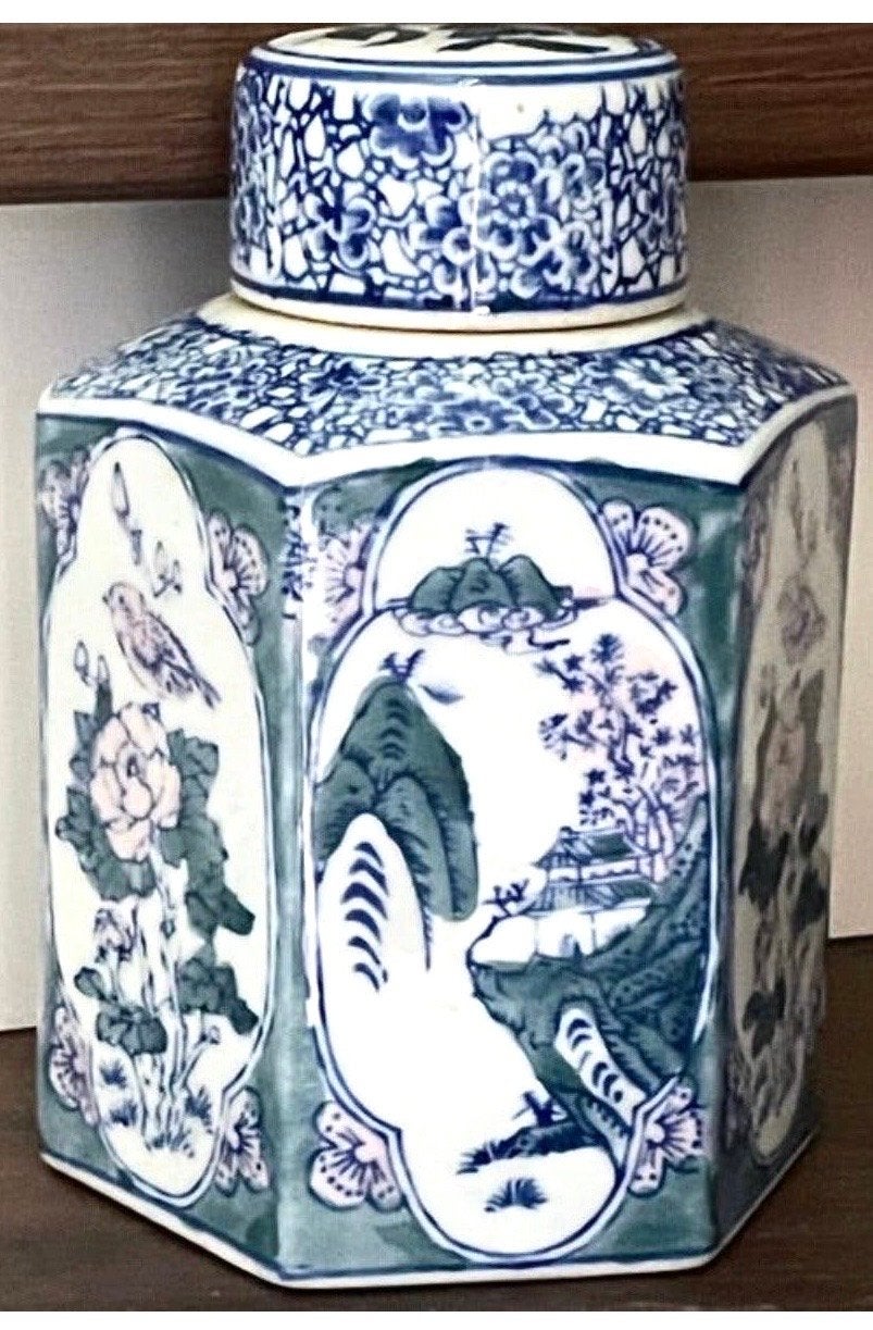 Vintage Gemberpot met Chinees Decor - Blauw en Groen, Ophalen of Verzenden