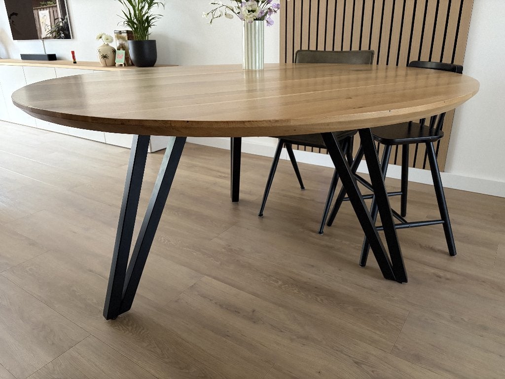 Ronde eiken tafel (of los tafelblad), verjongde rand 150 cm, Ophalen, 150 tot 200 cm, Rond, Modern, Deens, Scandinavisch,