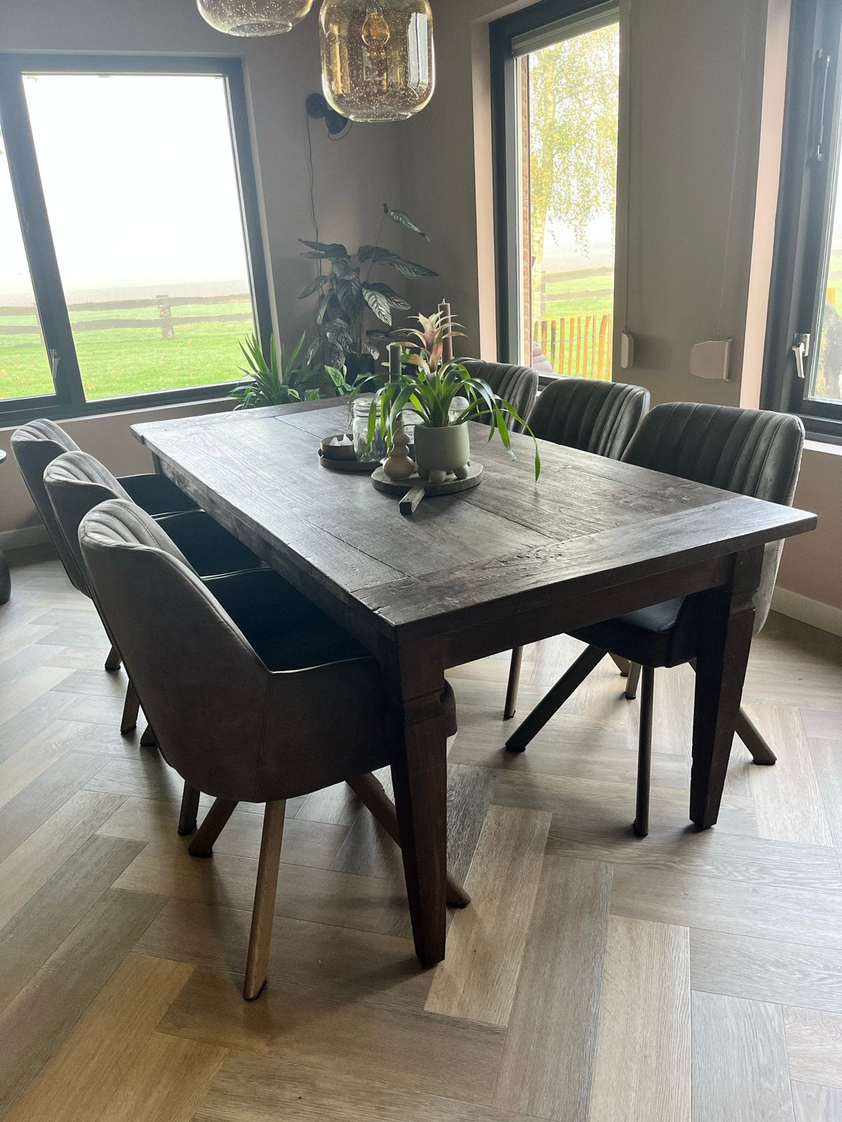 Landelijke brocante houten eetkamertafel 200x90 cm met lades, Ophalen, Gebruikt, Landelijk brocante, 200 cm of meer