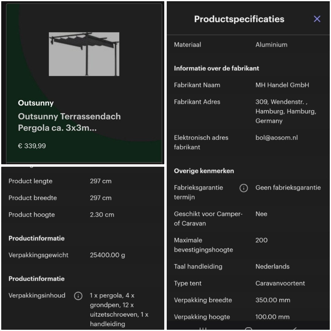 Outsunny Terrassendach Pergola ca. 3x3m Aluminium, Tuin en Terras, Ophalen, Overige typen, Minder dan 4 meter, Nieuw