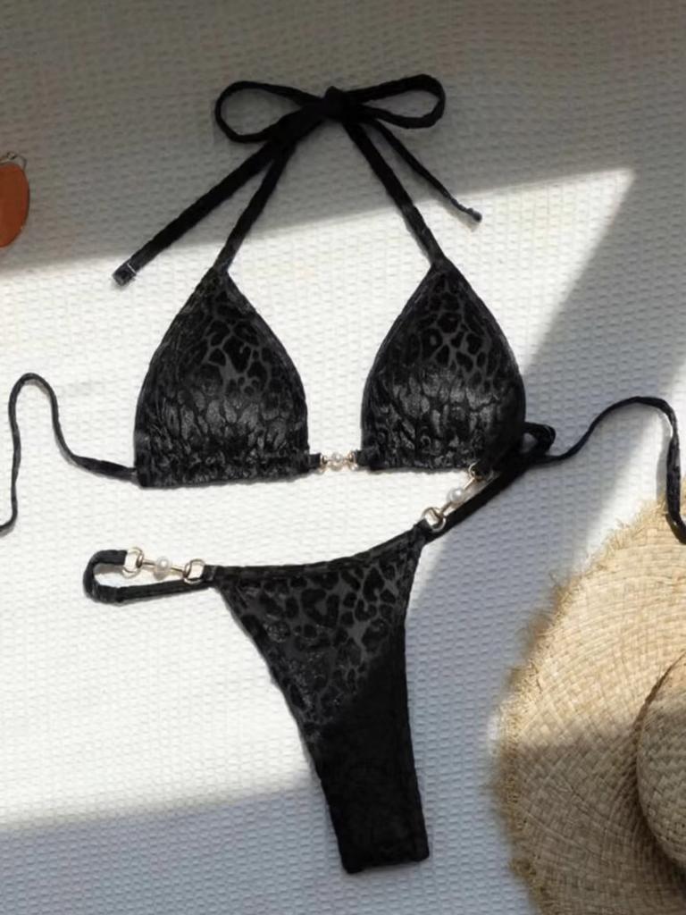 Zwarte luipaard bikini met parels, Kleding | Dames, Badmode en Zwemkleding, Verzenden, Nieuw, Zwart, Bikini
