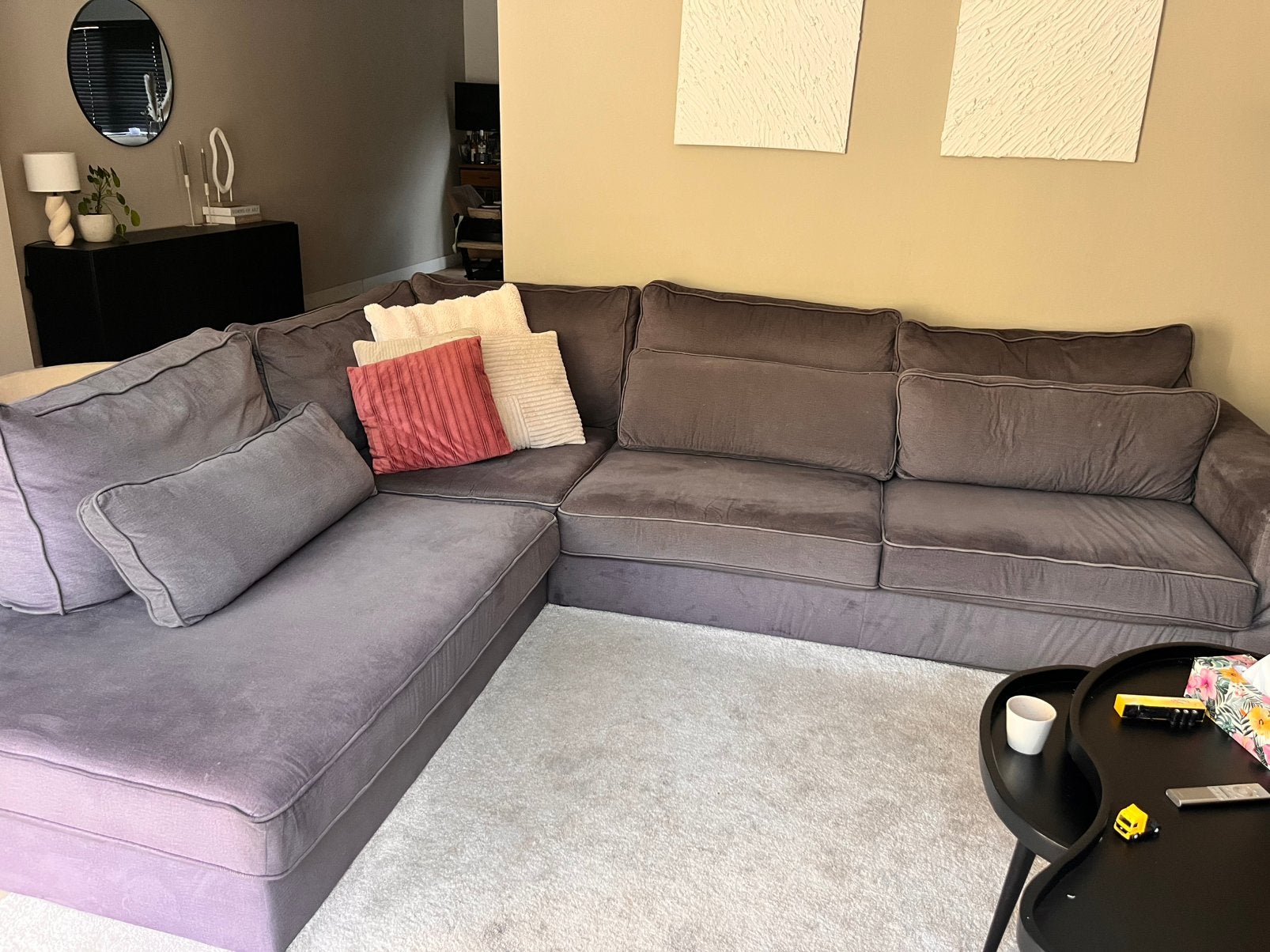 Comfortabele Hoekbank - Grijs Stof, Huis en Inrichting, Banken | Bankstellen, Gebruikt, Hoekbank, Vierpersoons of meer, 300 cm of meer
