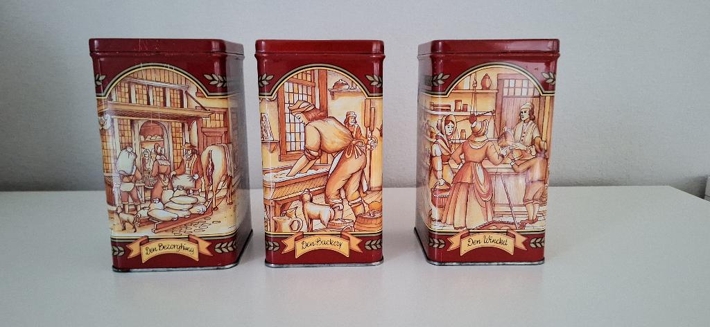 Bewaarblikken, set 3 stuks, oude ambacht De Backer, retro, Verzamelen, Blikken, Ophalen of Verzenden, Zo goed als nieuw, Overige