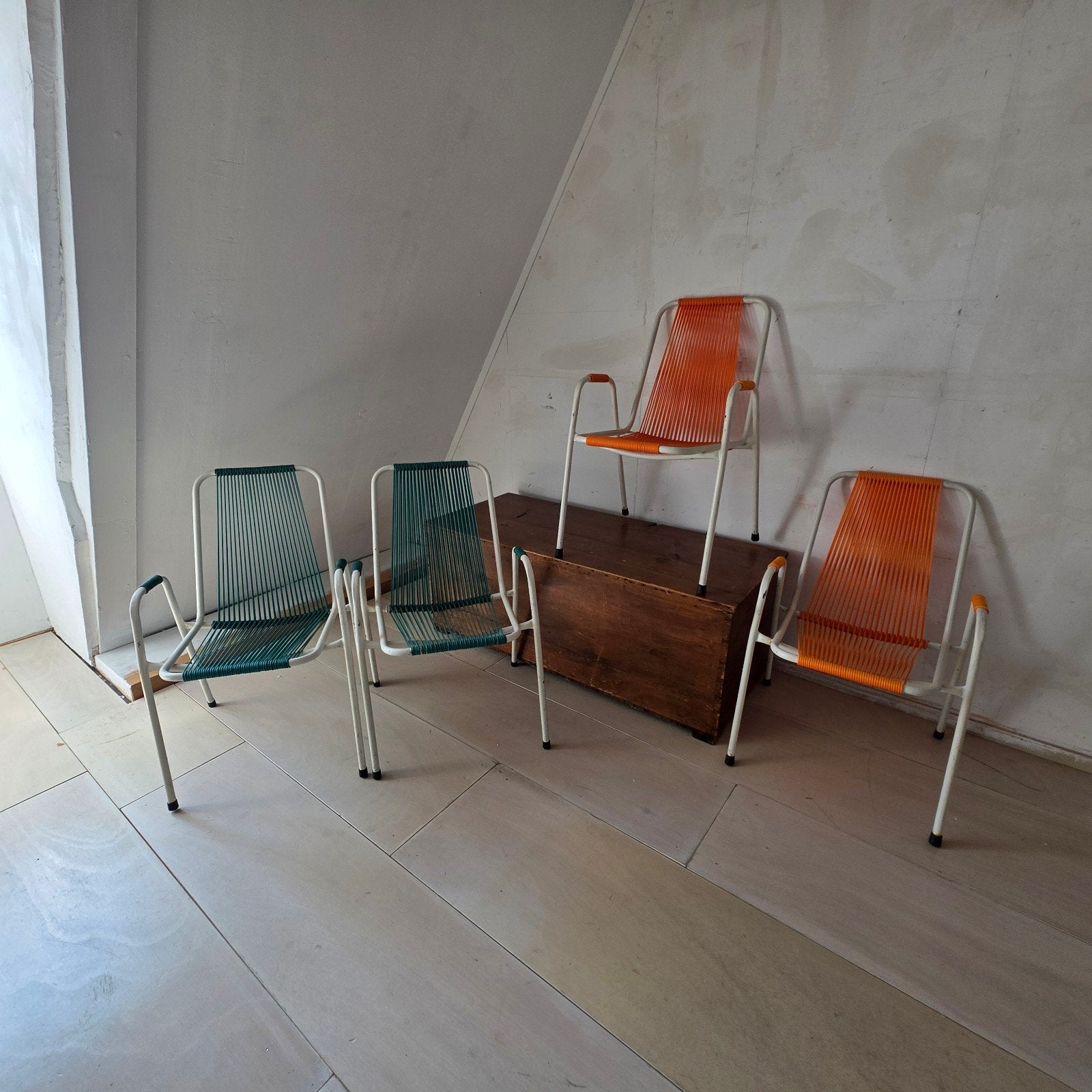 Zeldzame set van vier Spimeta Harkema draadstoelen, Ophalen, Kunststof