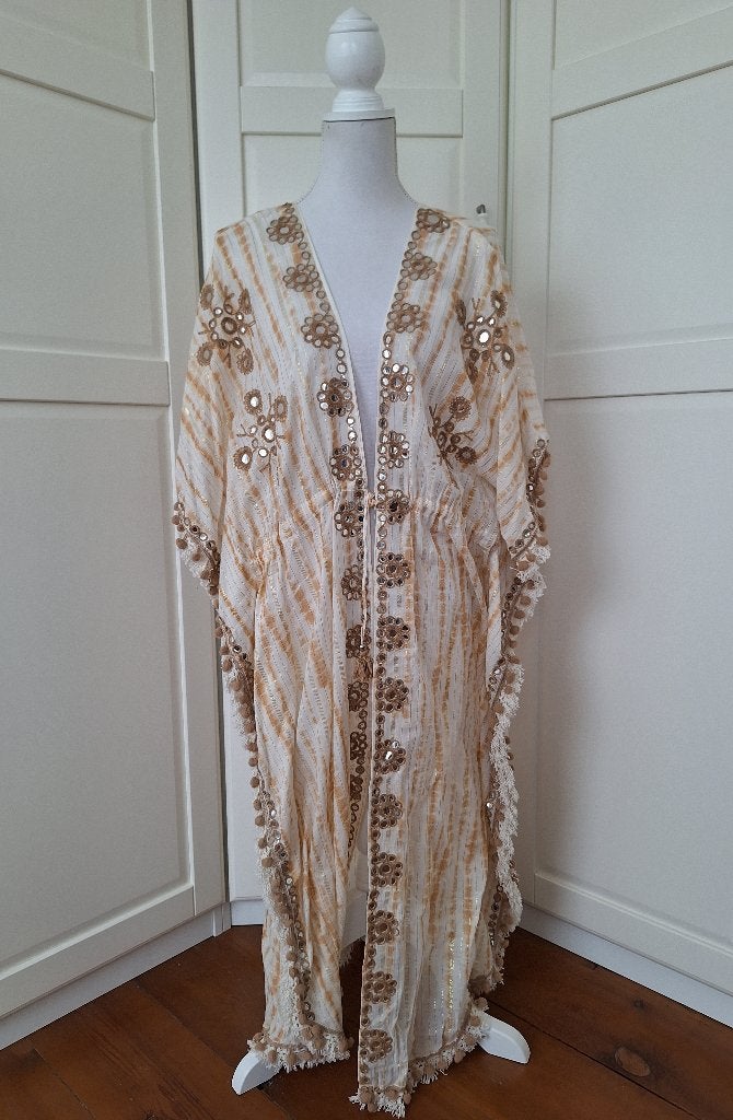 IBZ nieuwe hippie spiegeltjes kaftan kimono L/XL=XL/XXL, Beige, Maat 46/48 (XL) of groter, Ophalen of Verzenden, Onder de knie