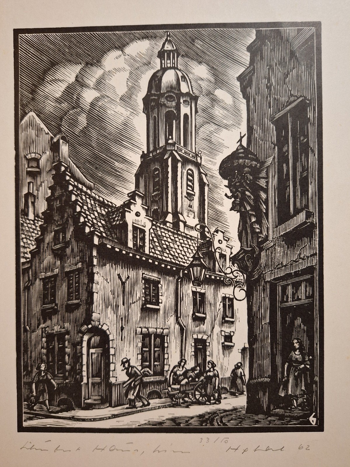 Gesigneerde Houtsnede: Stadsgezicht met Kerk en Figuren, Antiek en Kunst, Ophalen of Verzenden