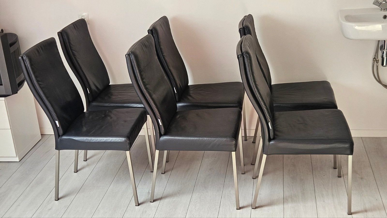 Zes Movani eetkamerstoelen van echt zwart leer, Ophalen, Gebruikt, Zwart, Leer