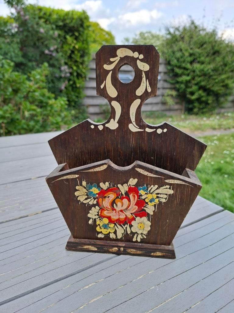 Vintage Houten Koffiefilterhouder met Handgeschilderde Bloem, Ophalen of Verzenden