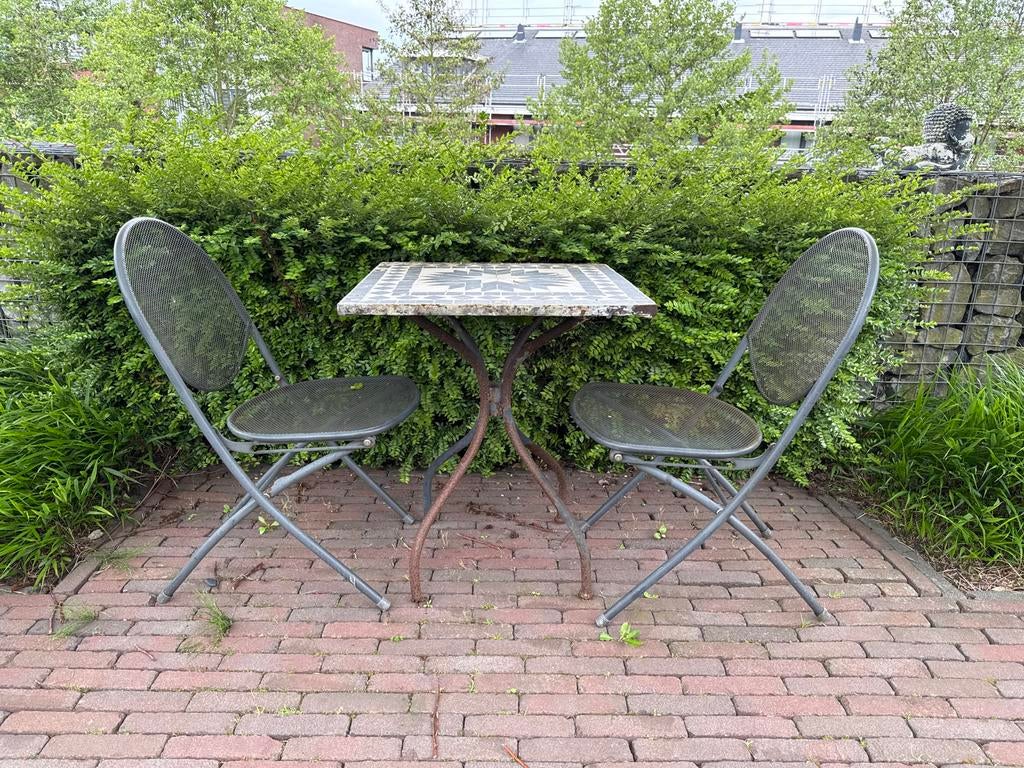 Gratis Bistro set: Mozaïek tafel met 2 stoelen, Ophalen, Gebruikt, Vierkant, Metaal