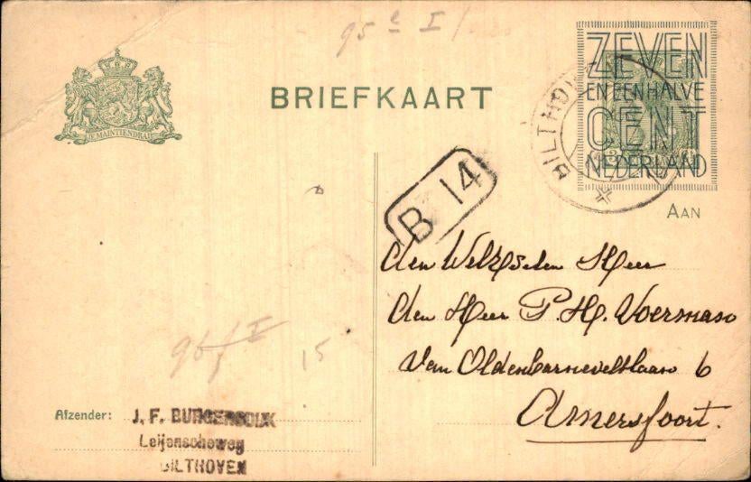 Bilthoven - J. Burgersdijk - Reclame - 1922, Verzenden, 1920 tot 1940, Gelopen, Zuid-Holland
