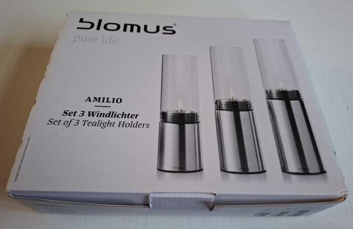 Set van 3 Blomus Amilio windlichten in doos, Huis en Inrichting, Woonaccessoires | Kandelaars en Kaarsen, Overige materialen, -