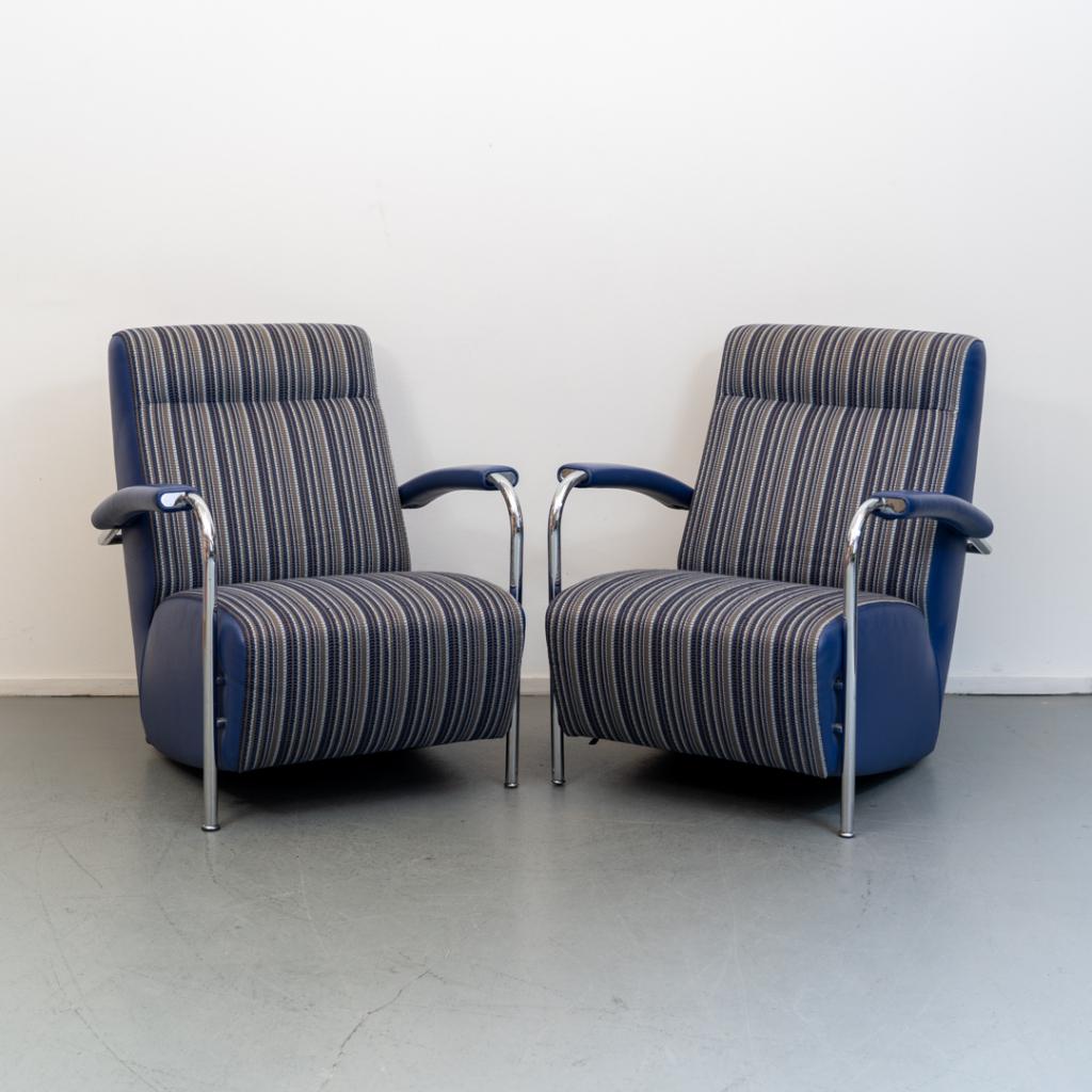 2x Leolux Scylla - Hoge Rug blauw/wit gestreepte stof
