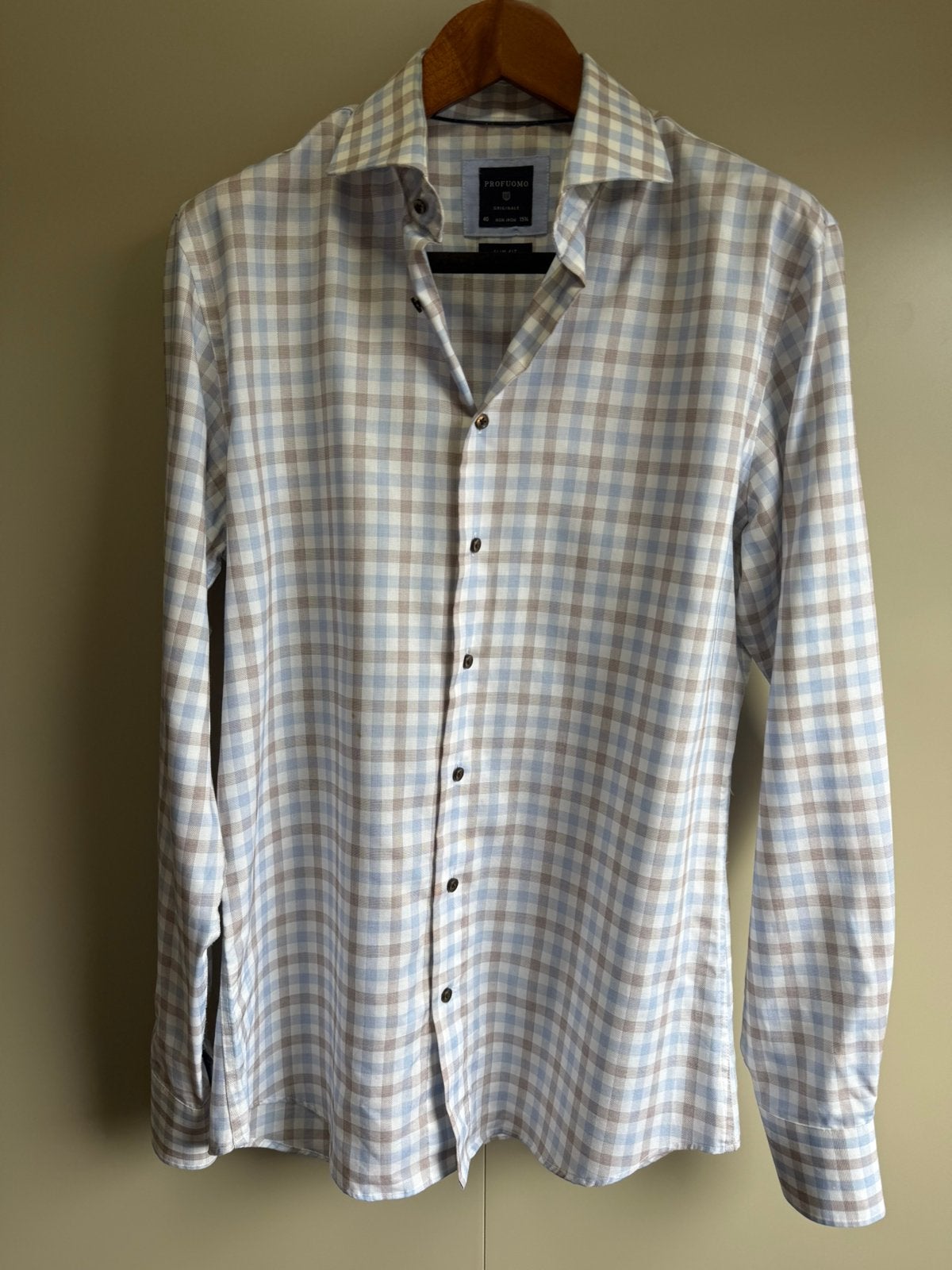Profuomo non-iron blauw beige geblokt overhemd / 40 15 3/4, Ophalen of Verzenden, Zo goed als nieuw, Blauw, Halswijdte 39/40 (M)