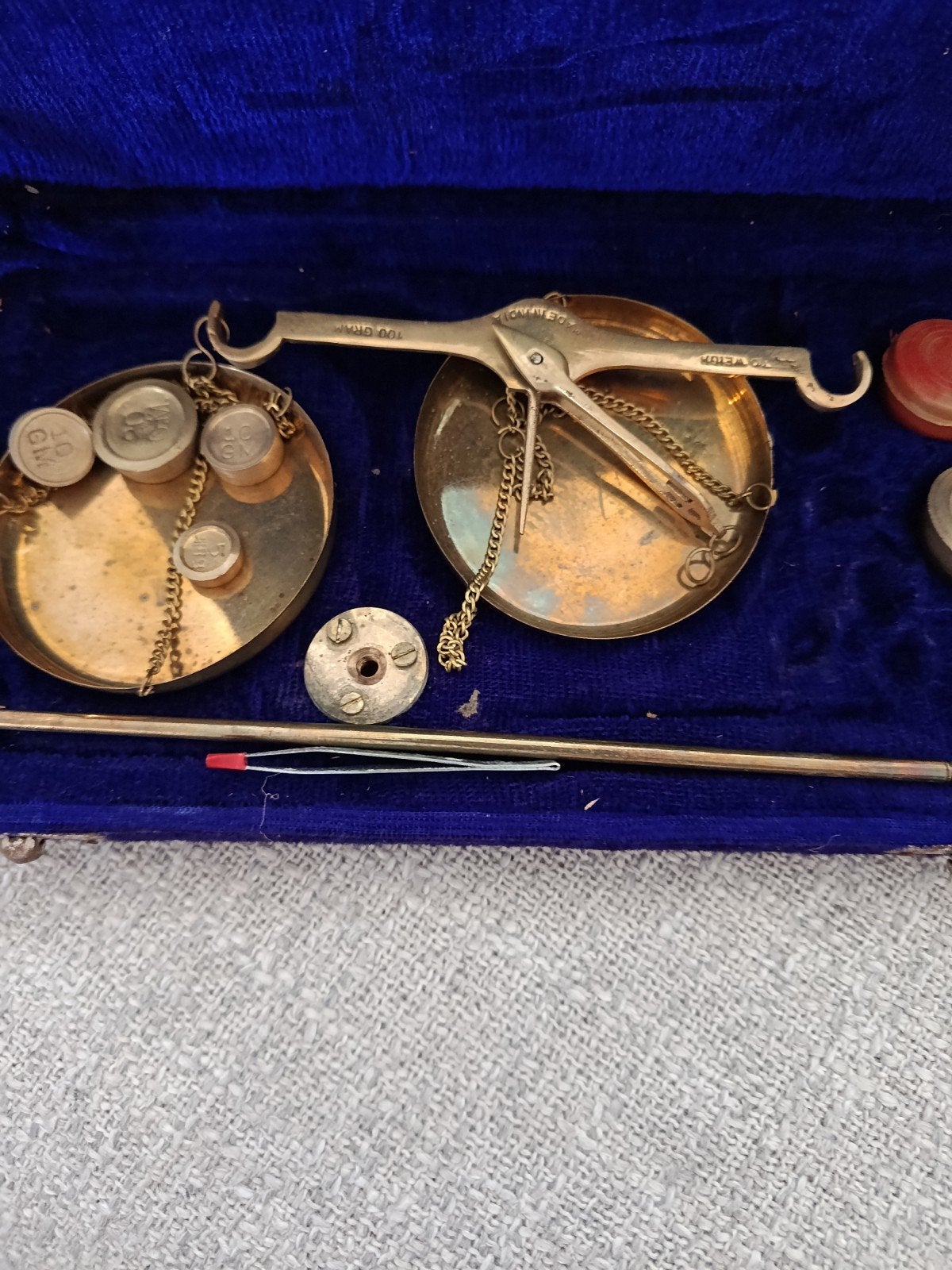 Vintage Kleine Weegschaal in Opbergdoos, Ophalen of Verzenden