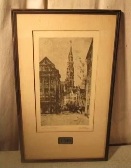 Mooi Oude Gravure 'Kathedraal en Huizen' - gesigneerd, Ophalen of Verzenden, Stadsgezicht, Gravure, Gesigneerd