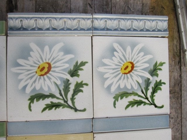 25 stuks Art nouveau wandtegels met Margriet, grijsblauw, Ophalen