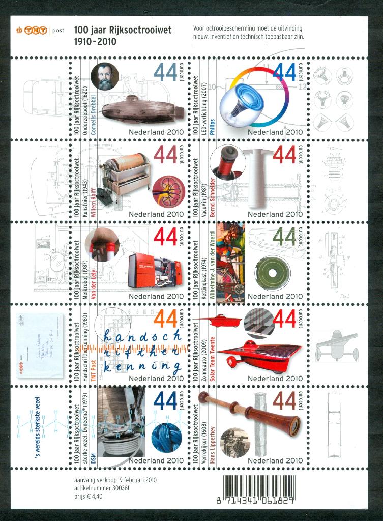 Ned. NVPH V2697-2706 100 jaar Rijksoctrooiwet 2010, Postzegels en Munten, Postzegels | Nederland, Ophalen of Verzenden, Na 1940