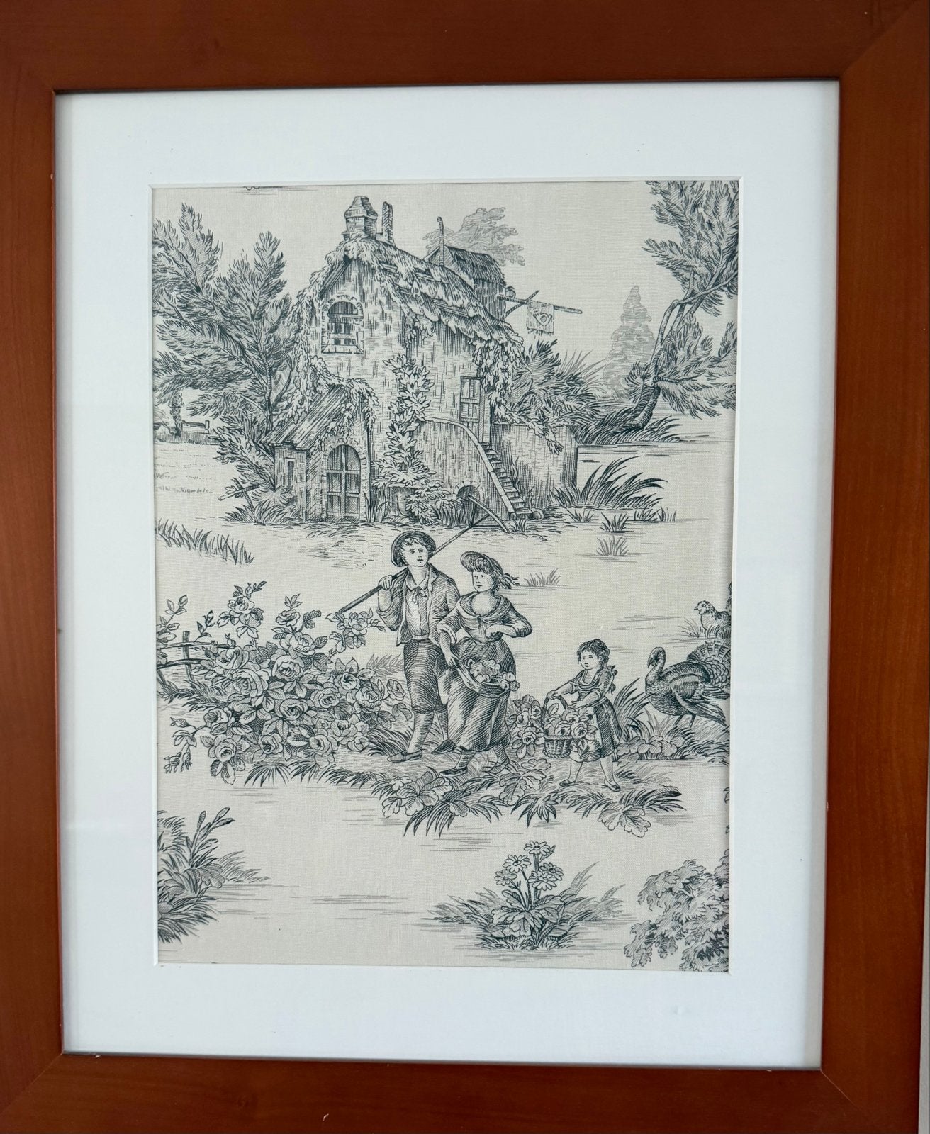 Ingelijste Toile de Jouy print - Landelijk tafereel, Ophalen of Verzenden, Print, Print/reproductie, Ingelijst