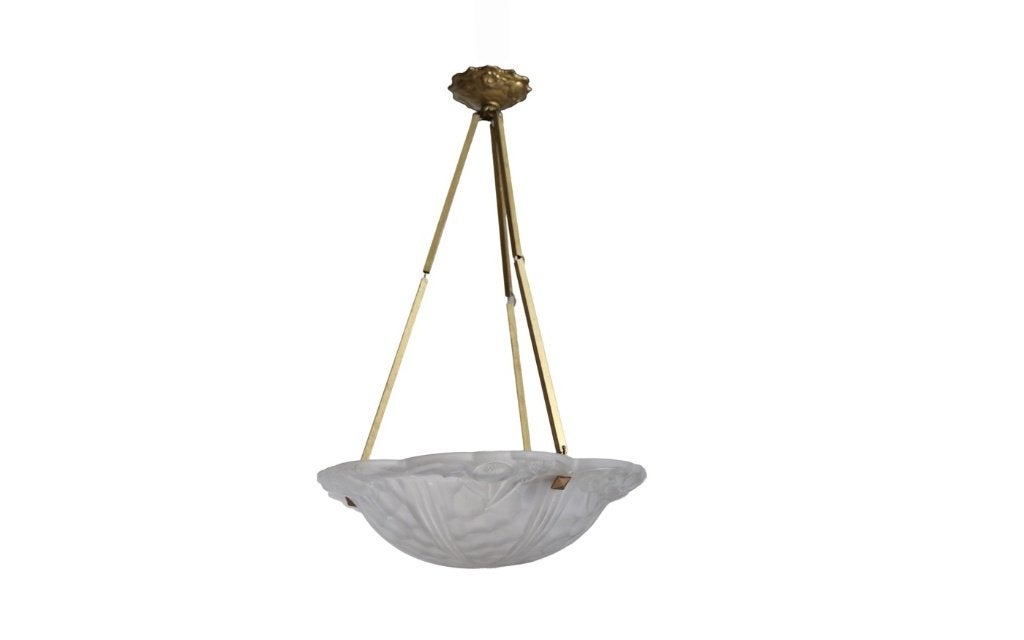 Art deco hanglamp Degué, geperst glas, messing, jaren 20–30, Ophalen