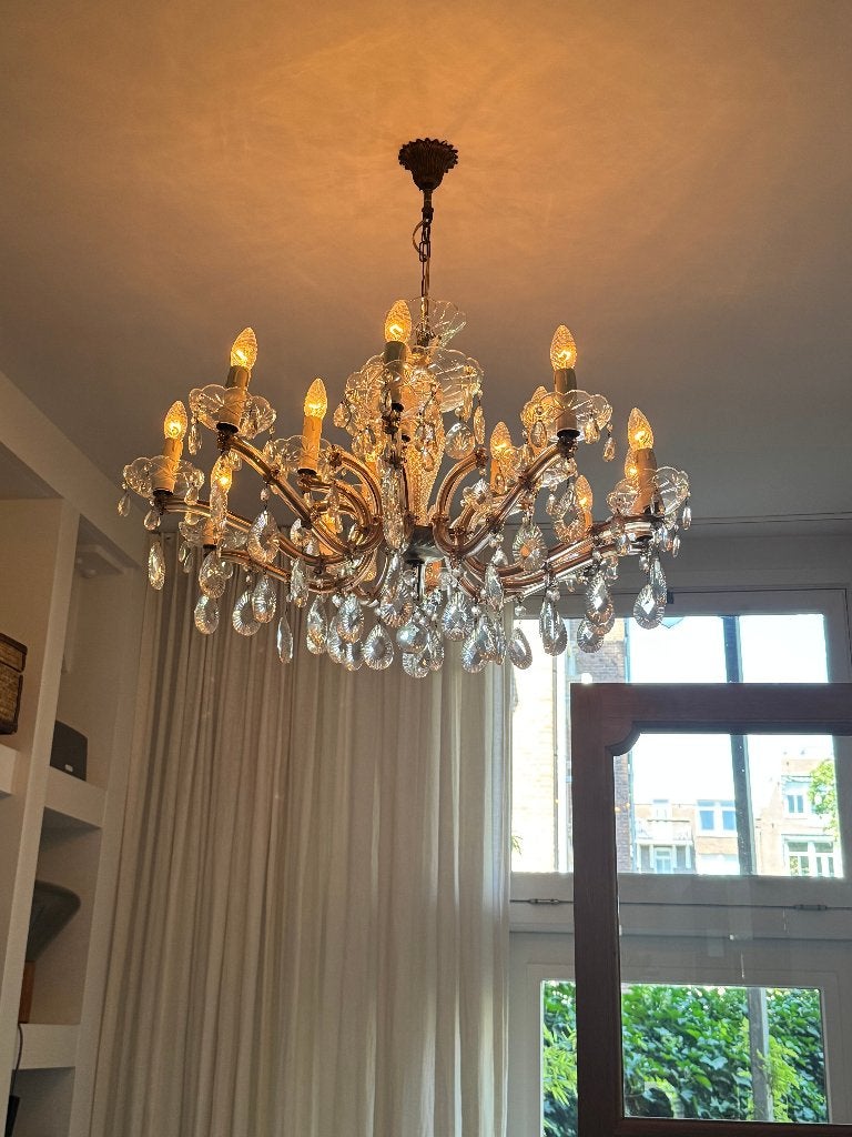 Antieke kristallen Maria Theresia kroonluchter 15-armig, Huis en Inrichting, Lampen | Kroonluchters, Ophalen, Glas