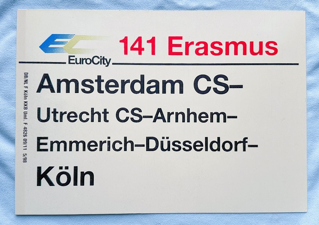 DB Koersbord EuroCity 141 Erasmus Amsterdam CS - Köln, Verzamelen, Verzenden, Gebruikt, Trein, Kaart of Prent