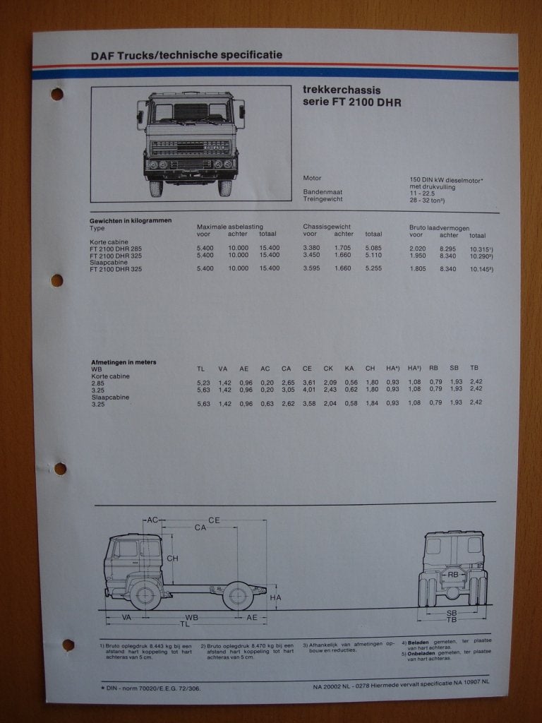 DAF FT 2100 DHR Technische Specificatie folder 1978 – 4x2, Ophalen of Verzenden, Zo goed als nieuw, Overige merken, DAF
