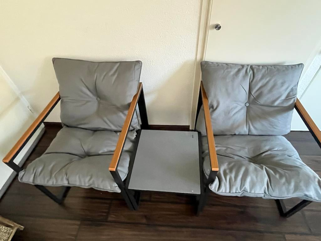 Loungeset, tuinset, 2x stoel + tafel, zwart/grijs, Dominica, Overige materialen, Bijzettafel, Nieuw, Loungeset