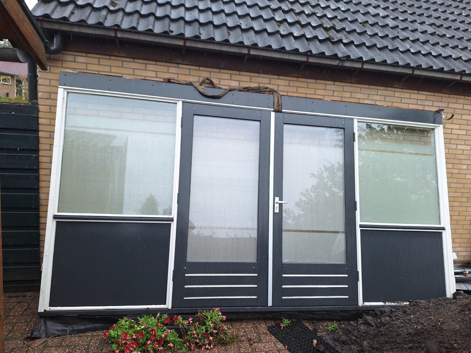 Tuindeuren (dubbel) met zijramen, Ophalen, Gebruikt, 120 cm of meer, Buitendeur