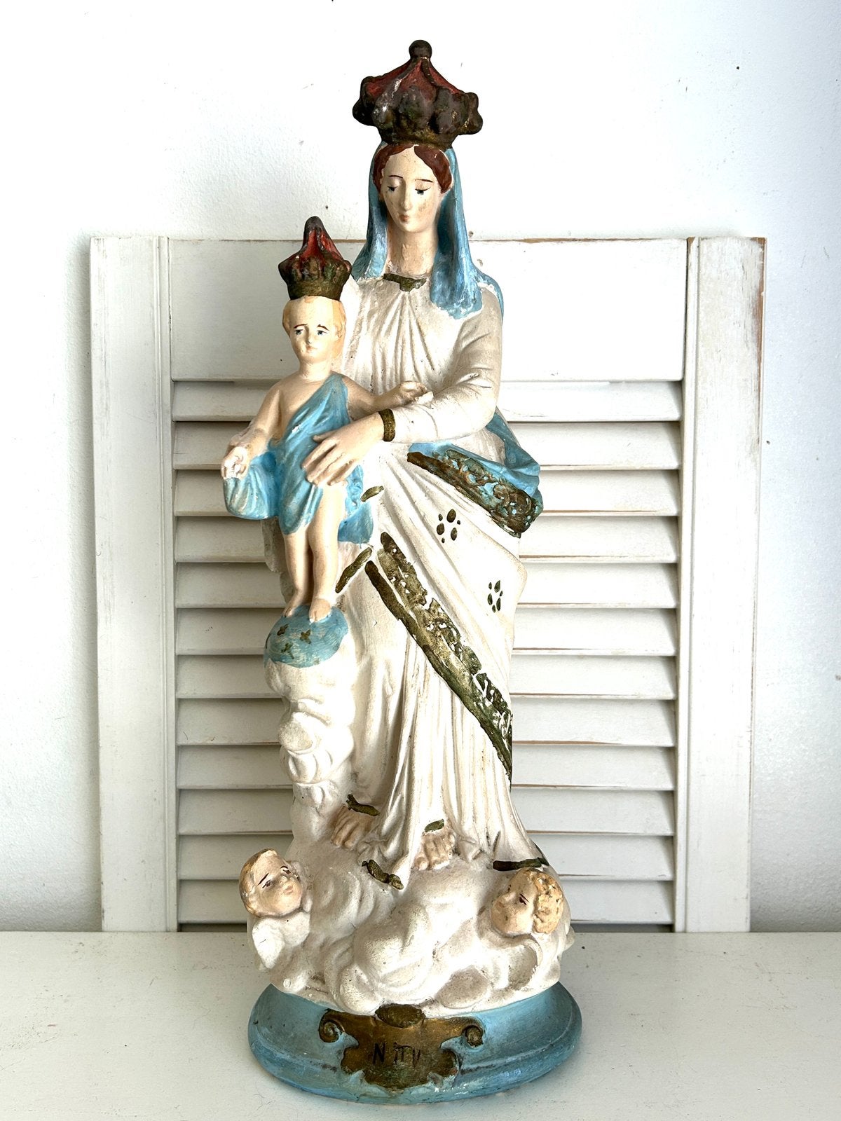 Antiek Frans beeld Madonna met kindje Jezus  gips 47 cm, Ophalen