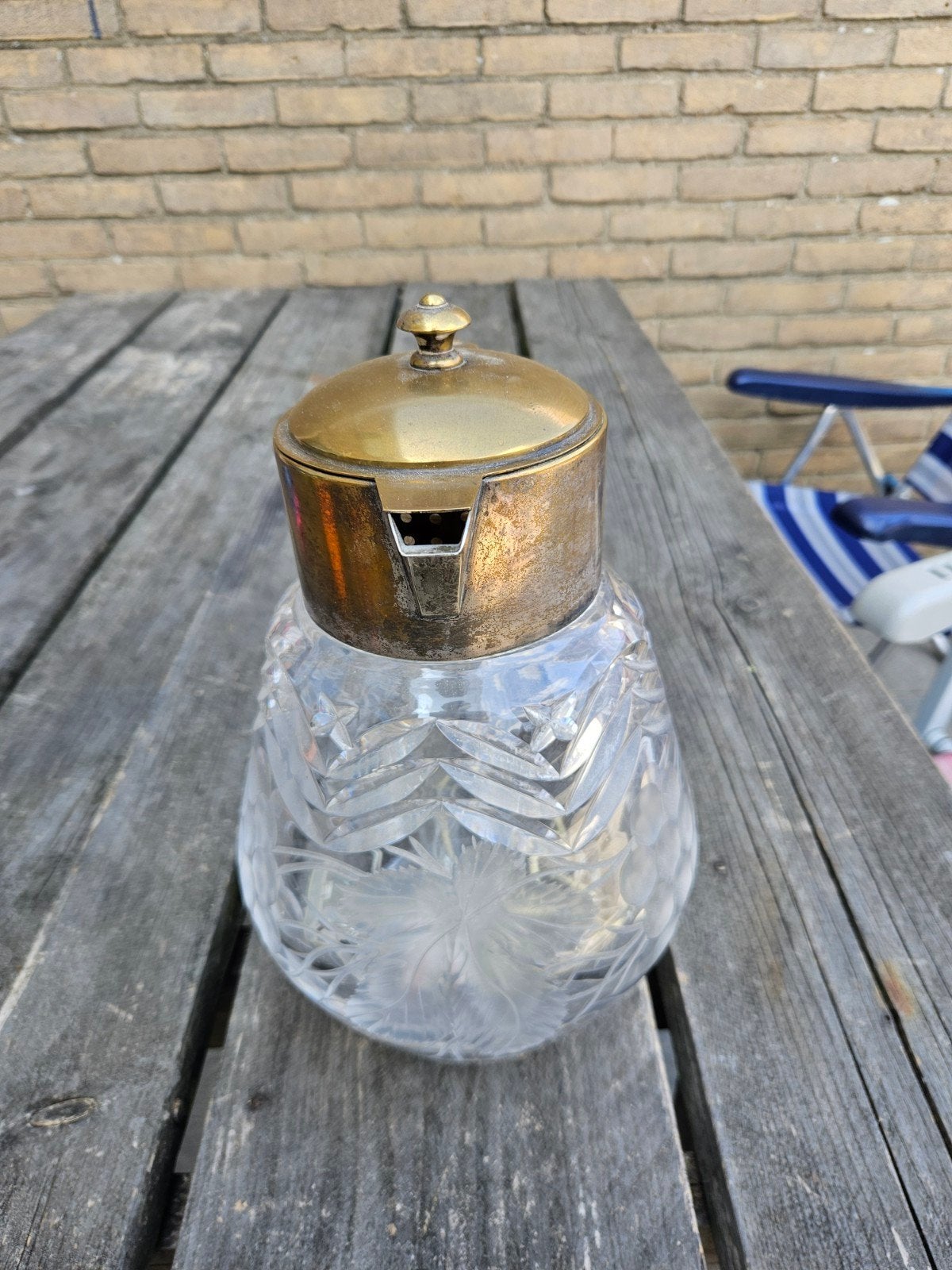 Vintage Kristallen Karaf met Messing/Verzilverde Kraag, Antiek en Kunst, Antiek | Glas en Kristal, Ophalen