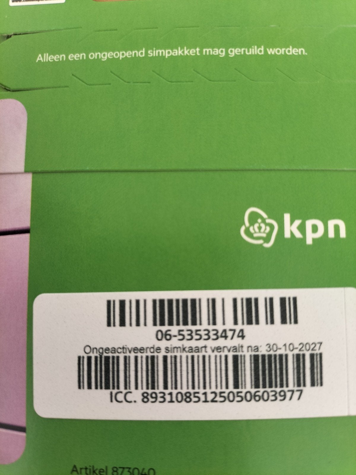 KPN Ongeactiveerde Simkaart - Geldig 30-10-2027 - 0653533474, Ophalen, Nieuw, KPN, Simkaart