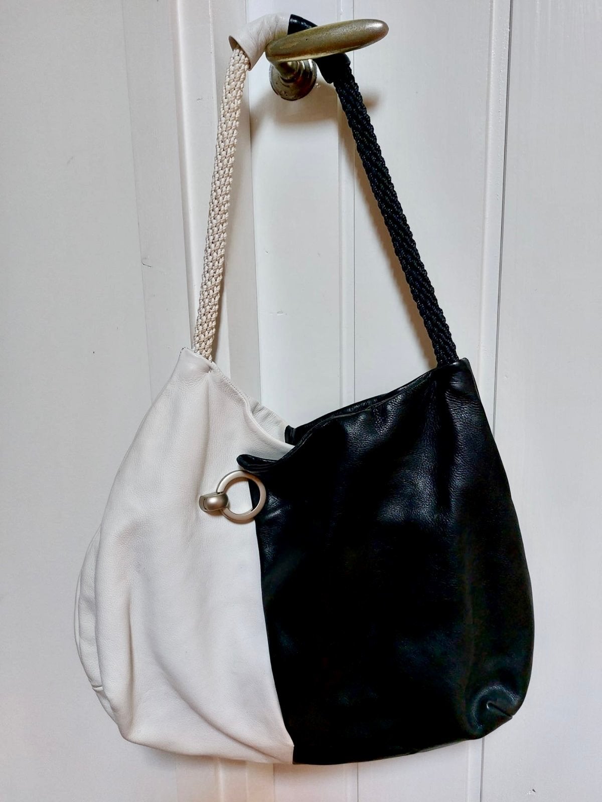 Vintage leren Italiaanse schoudertas zwart wit, Verzenden, Zo goed als nieuw, Zwart, Handtas