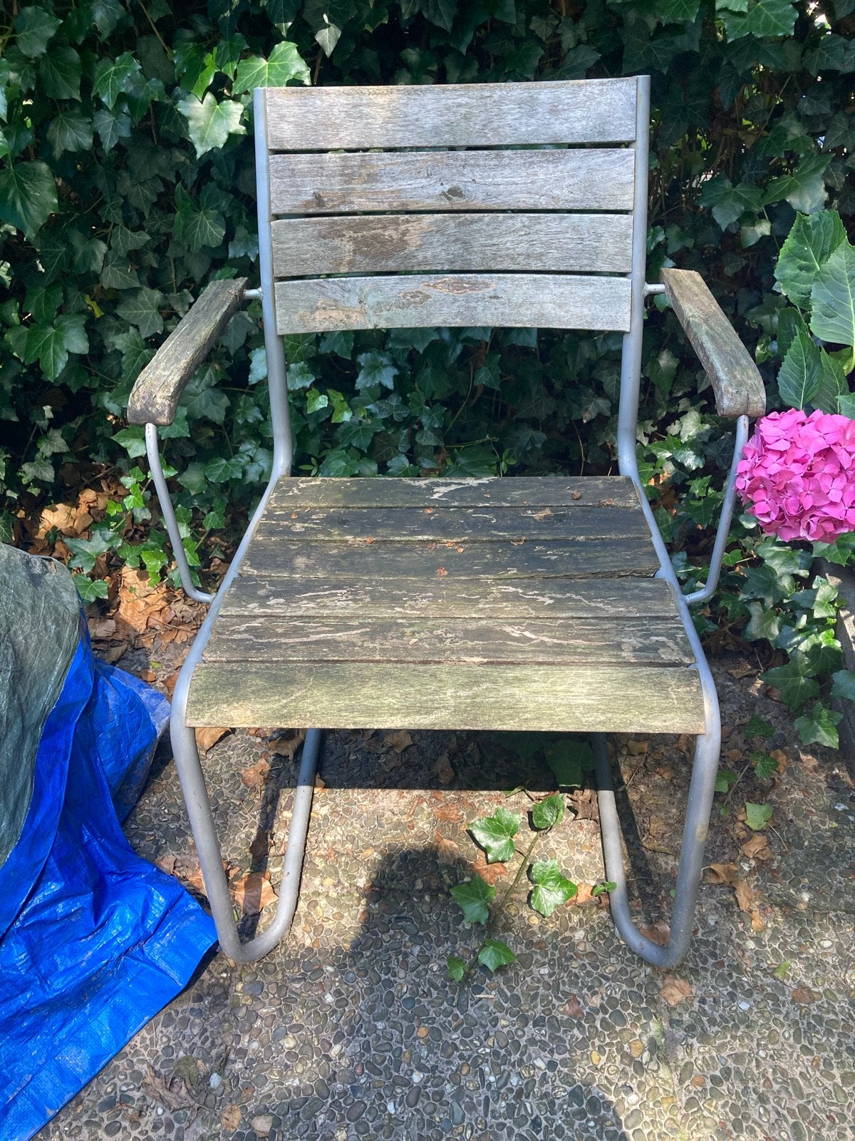 3 Houten Tuinstoelen met Metalen Frame, Ophalen, Gebruikt, Hout