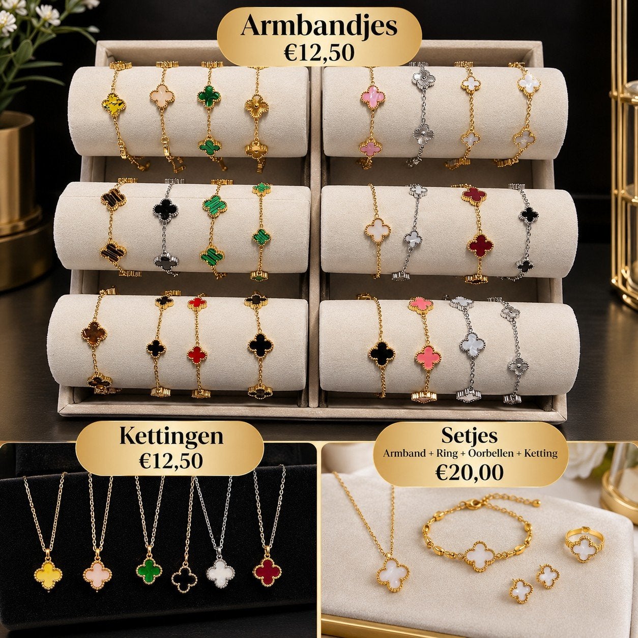 Van Cleef stijl armbanden, kettingen en sieraden sets, Ophalen of Verzenden, Nieuw, Overige kleuren, Overige materialen