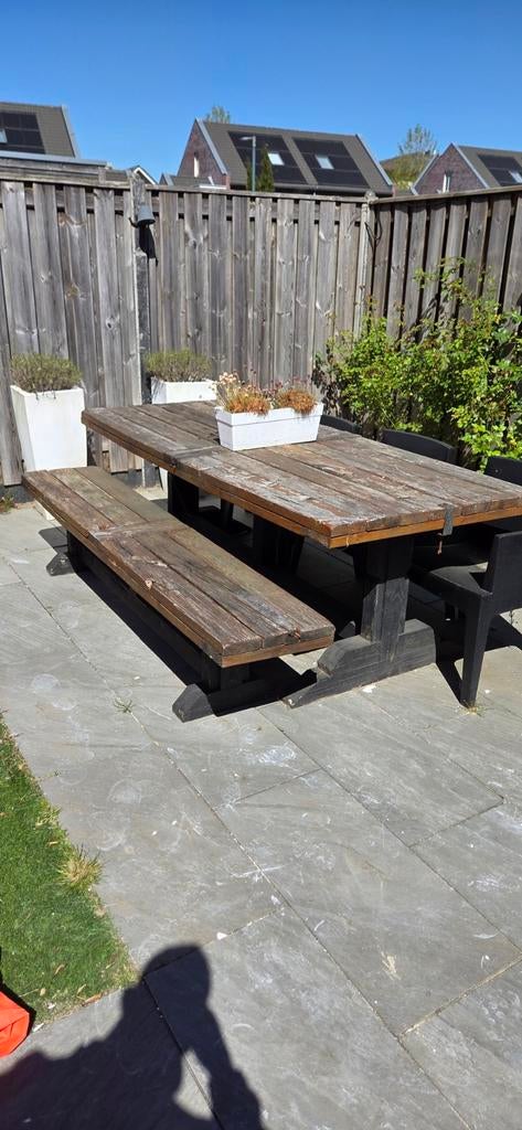Buiten eettafel 230x100 met 4 zwarte kuipstoelen, Tuin en Terras, Tuintafels, Ophalen, Gebruikt, Rechthoekig, Hout