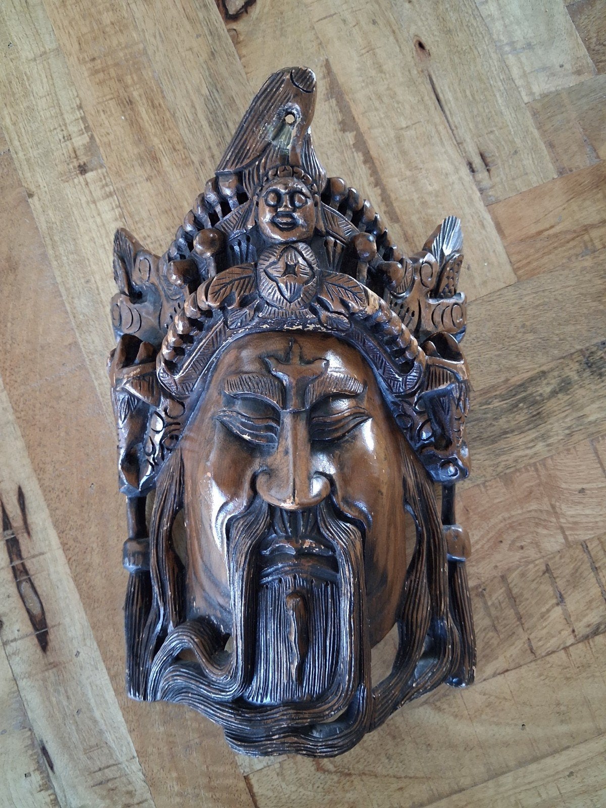 handgesneden Chinees wandmasker, Handgemaakt, Hout, Bruin, Klassiek