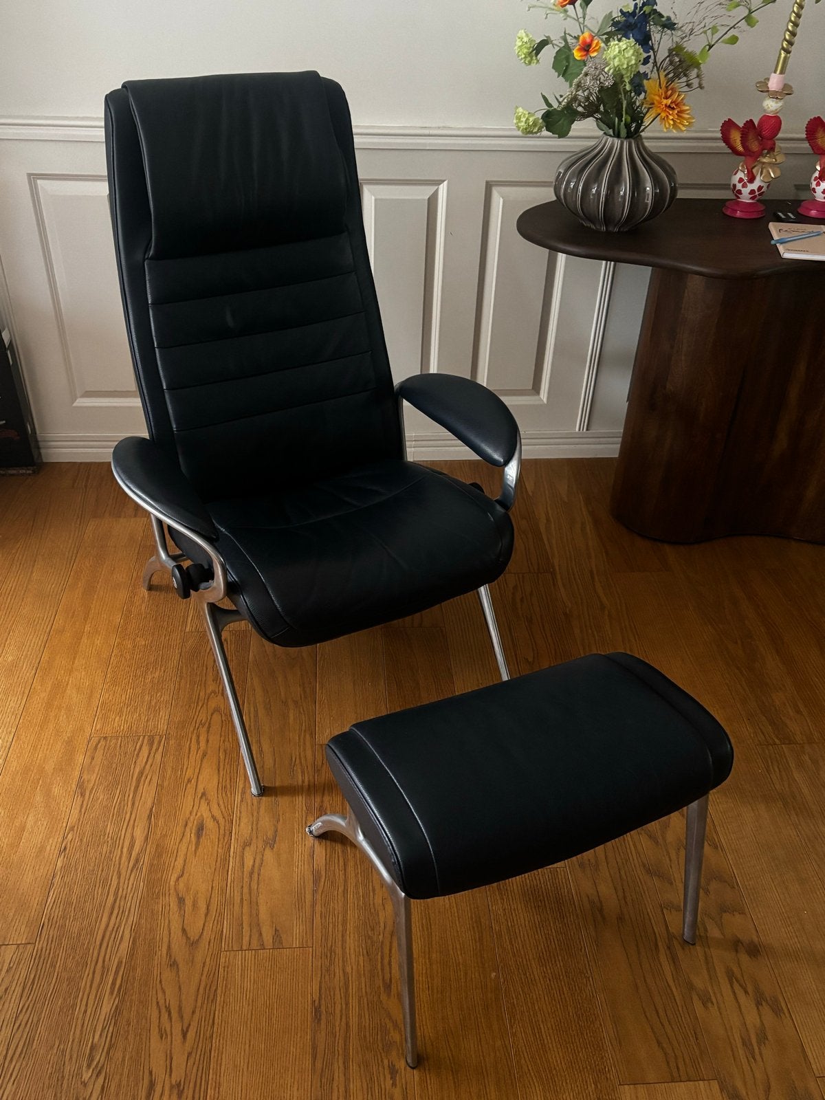 Montel Lederen Relaxfauteuil met Voetenbank - Donkerblauw, Ophalen, Blauw, Leer, Zo goed als nieuw