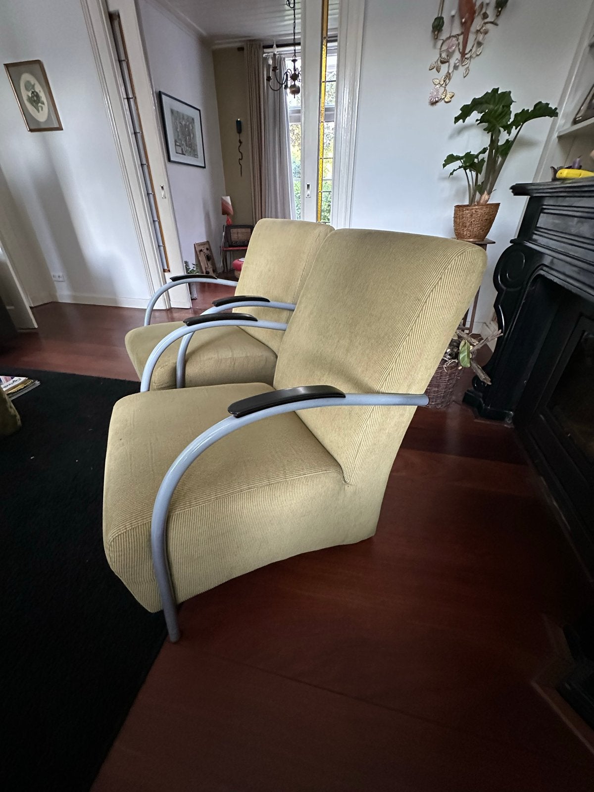 Set van 2 comfortabele fauteuils - lichtgroene rib stof, Ophalen, Gebruikt, Twee, Overige kleuren