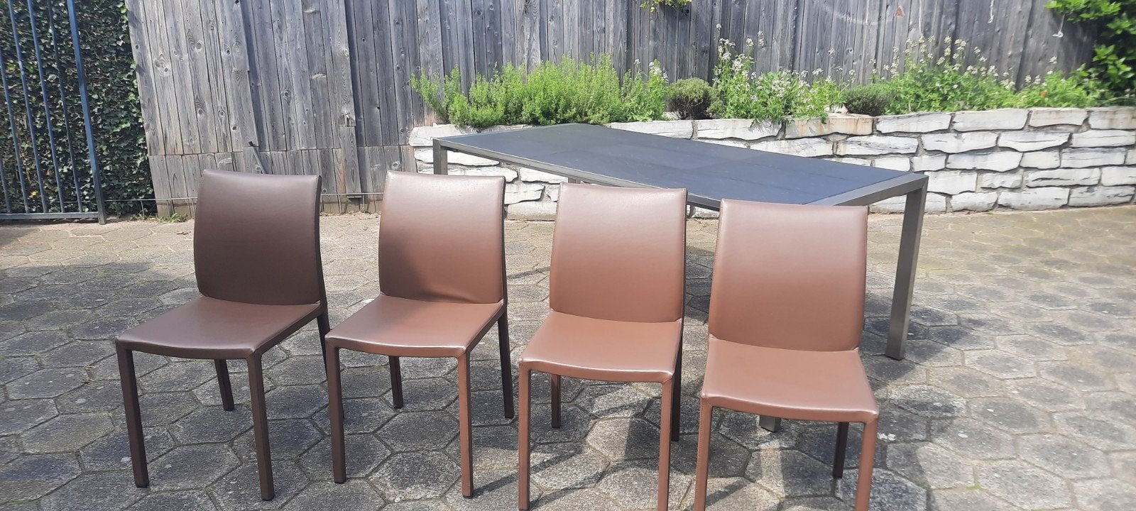 Set van 4 Bonaldo Mirta lederen eetkamerstoelen, Huis en Inrichting, Bruin, Modern, Italiaans design, Leer, Ophalen of Verzenden