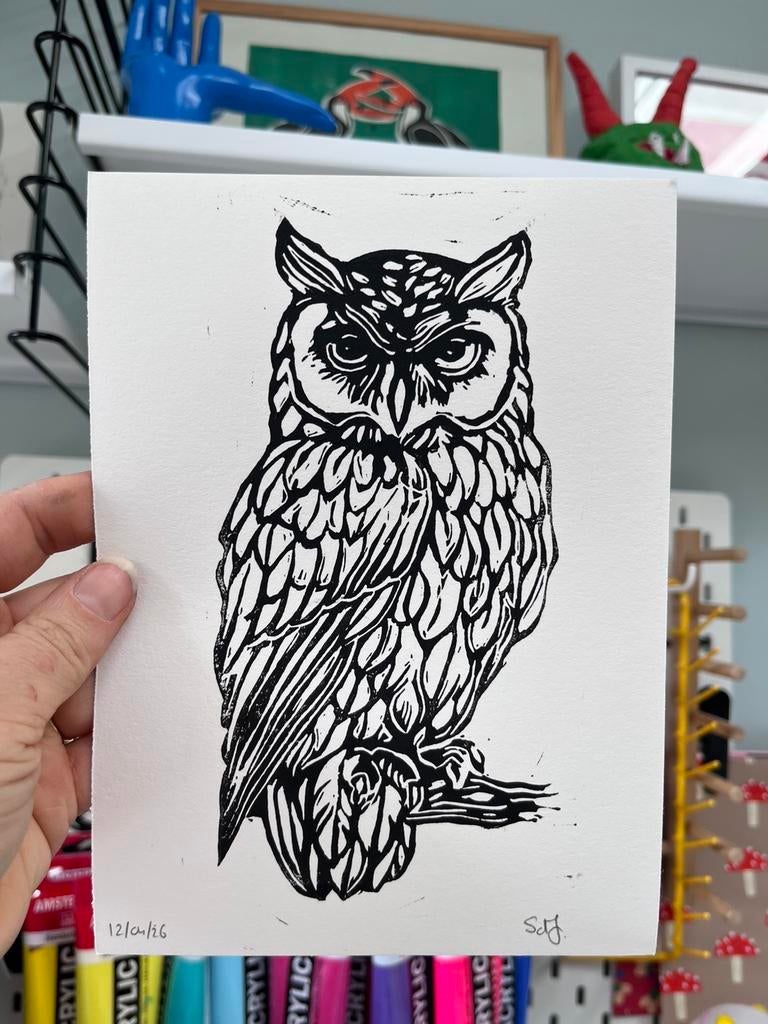 Linosnede afdruk Uil 15x20 cm 🦉, Antiek en Kunst, Kunst | Litho's en Zeefdrukken, Ophalen of Verzenden